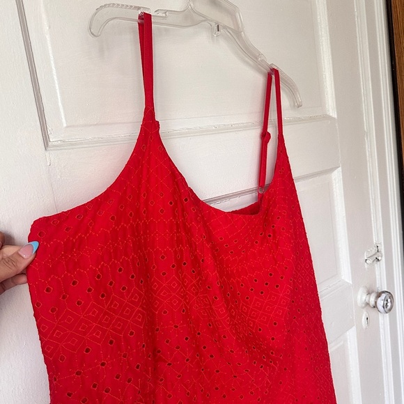 Old Navy Babydoll Mini Dress Embroidered Red Lace Eyelet Smocked Pockets Stretch - Picture 9 of 16